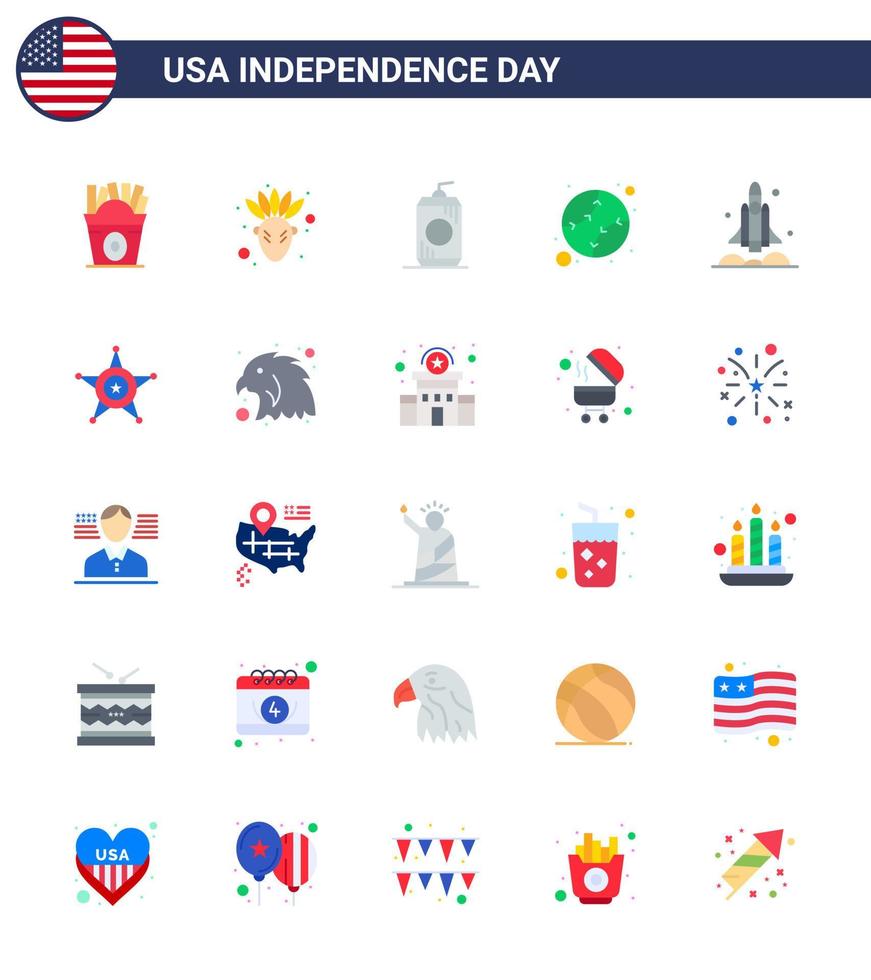 Pack of 25 USA Independence Day Celebration Flats Signs and 4th July Symbols such as spaceship launcher cola united baseball Editable USA Day Vector Design Elements