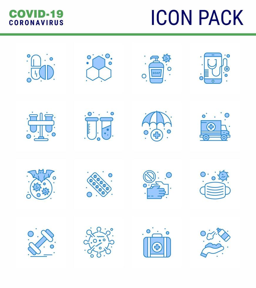 Coronavirus Awareness icon 16 Blue icons icon included test mobile bottle medical health viral coronavirus 2019nov disease Vector Design Elements