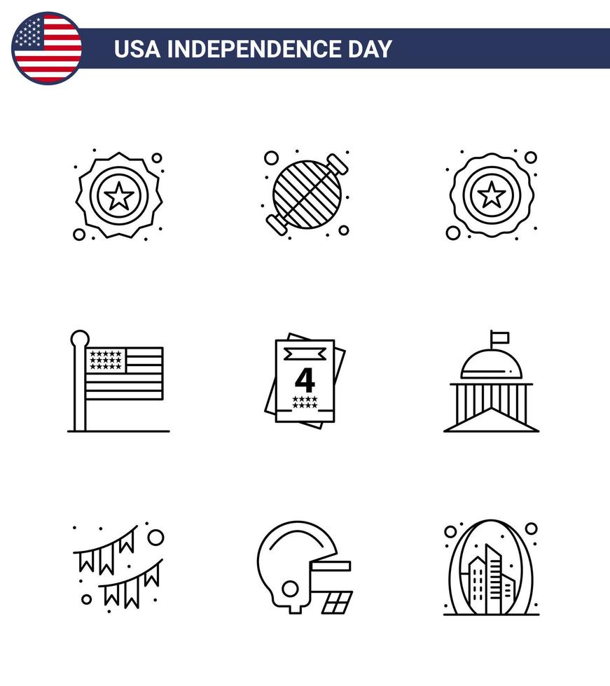 9 signos de línea de estados unidos celebración del día de la independencia símbolos de amor fiesta de estados unidos bandera unida elementos de diseño de vector de día de estados unidos editables