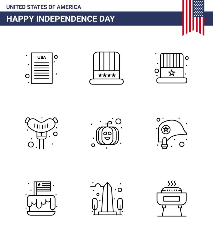 Line Pack of 9 USA Independence Day Symbols of head pumpkin cap american frankfurter Editable USA Day Vector Design Elements
