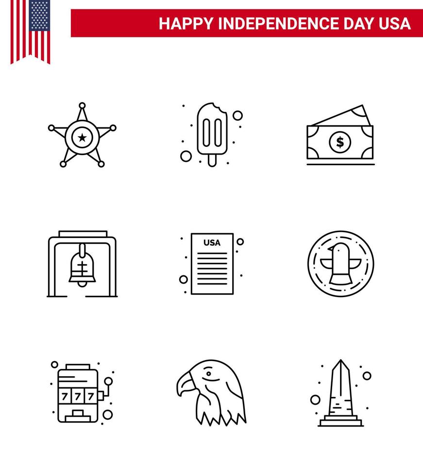 Group of 9 Lines Set for Independence day of United States of America such as democratic declaration money church bell bell Editable USA Day Vector Design Elements