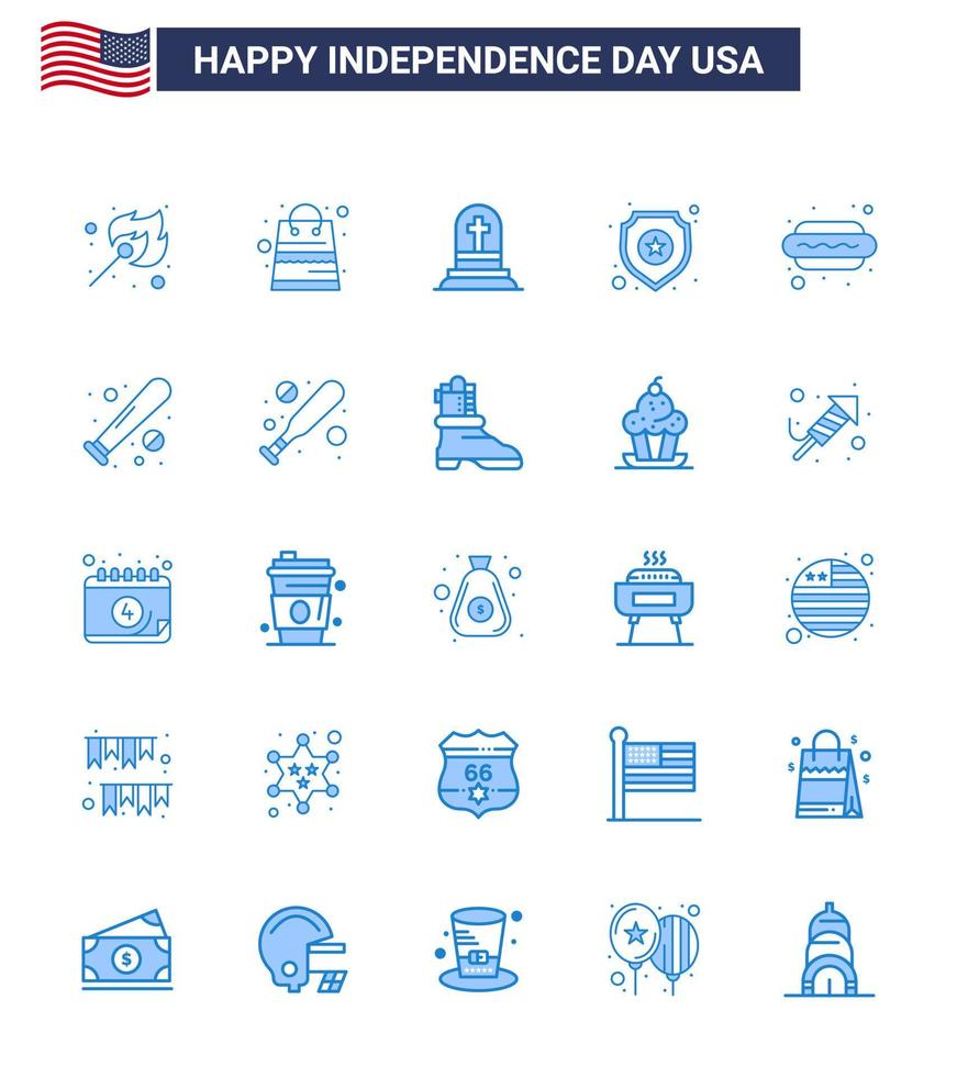 Modern Set of 25 Blues and symbols on USA Independence Day such as dog sign death star shield Editable USA Day Vector Design Elements