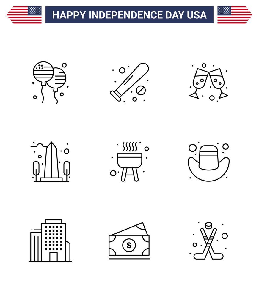 Happy Independence Day Pack of 9 Lines Signs and Symbols for barbecue usa usa sight landmark Editable USA Day Vector Design Elements