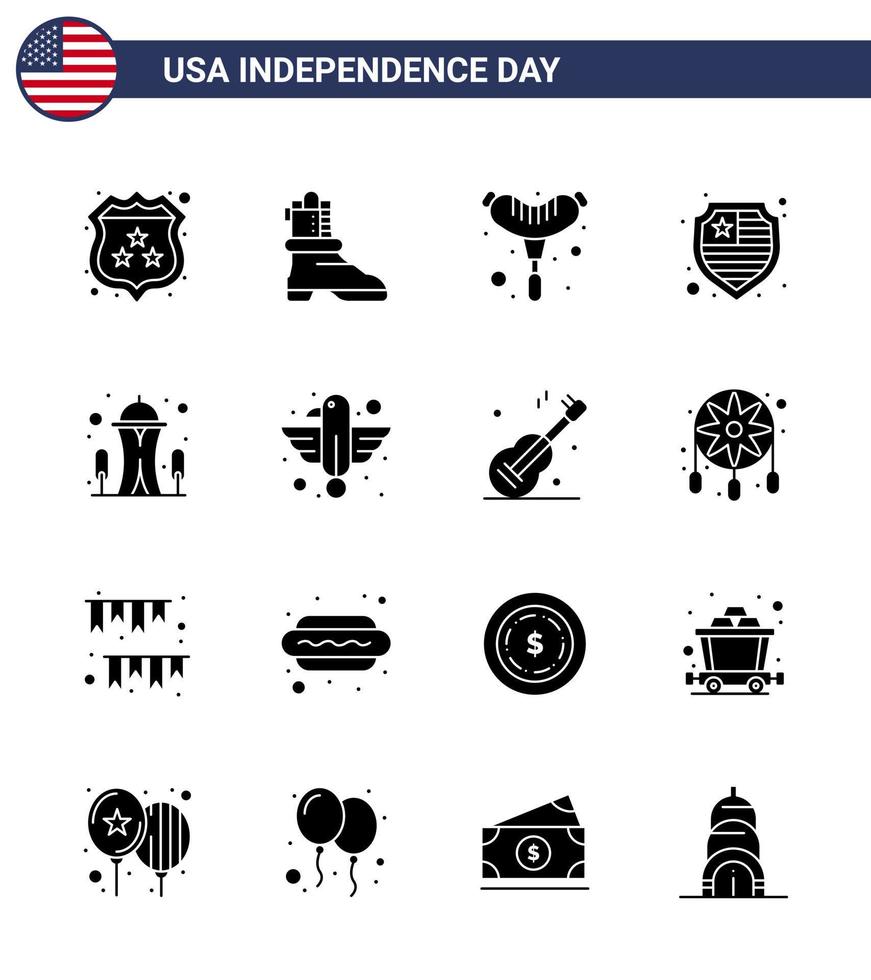 Group of 16 Solid Glyphs Set for Independence day of United States of America such as american needle frankfurter landmark shield Editable USA Day Vector Design Elements