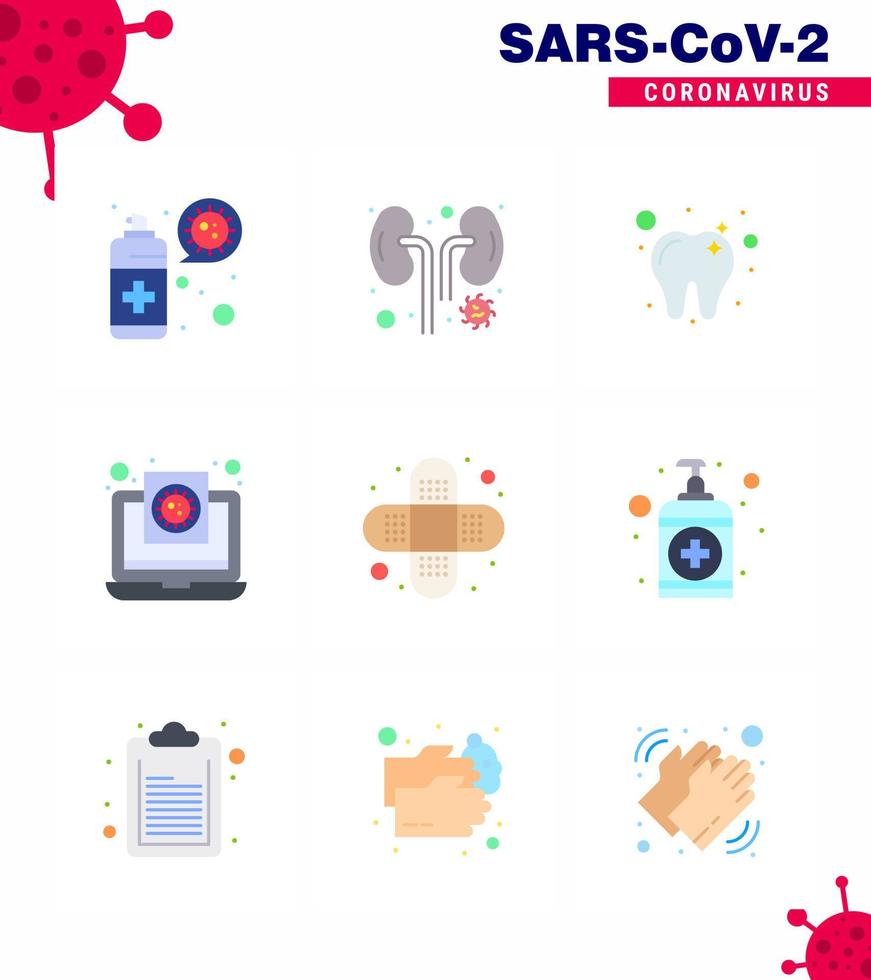 9 Flat Color Set of corona virus epidemic icons such as bandage virus care report file viral coronavirus 2019nov disease Vector Design Elements