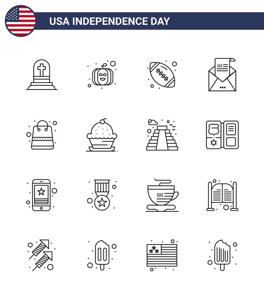 Big Pack of 16 USA Happy Independence Day USA Vector Lines and Editable Symbols of money mail rugby invitation envelope Editable USA Day Vector Design Elements