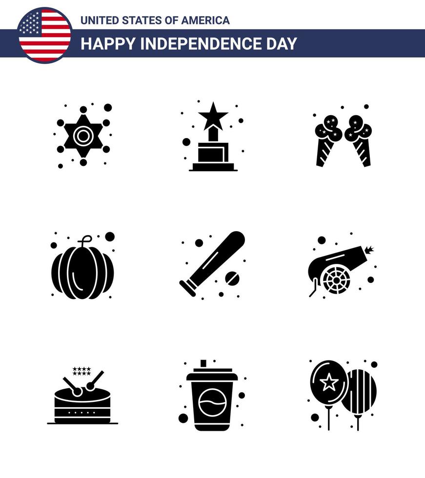 9 USA Solid Glyph Signs Independence Day Celebration Symbols of sports baseball ice ball pumpkin Editable USA Day Vector Design Elements