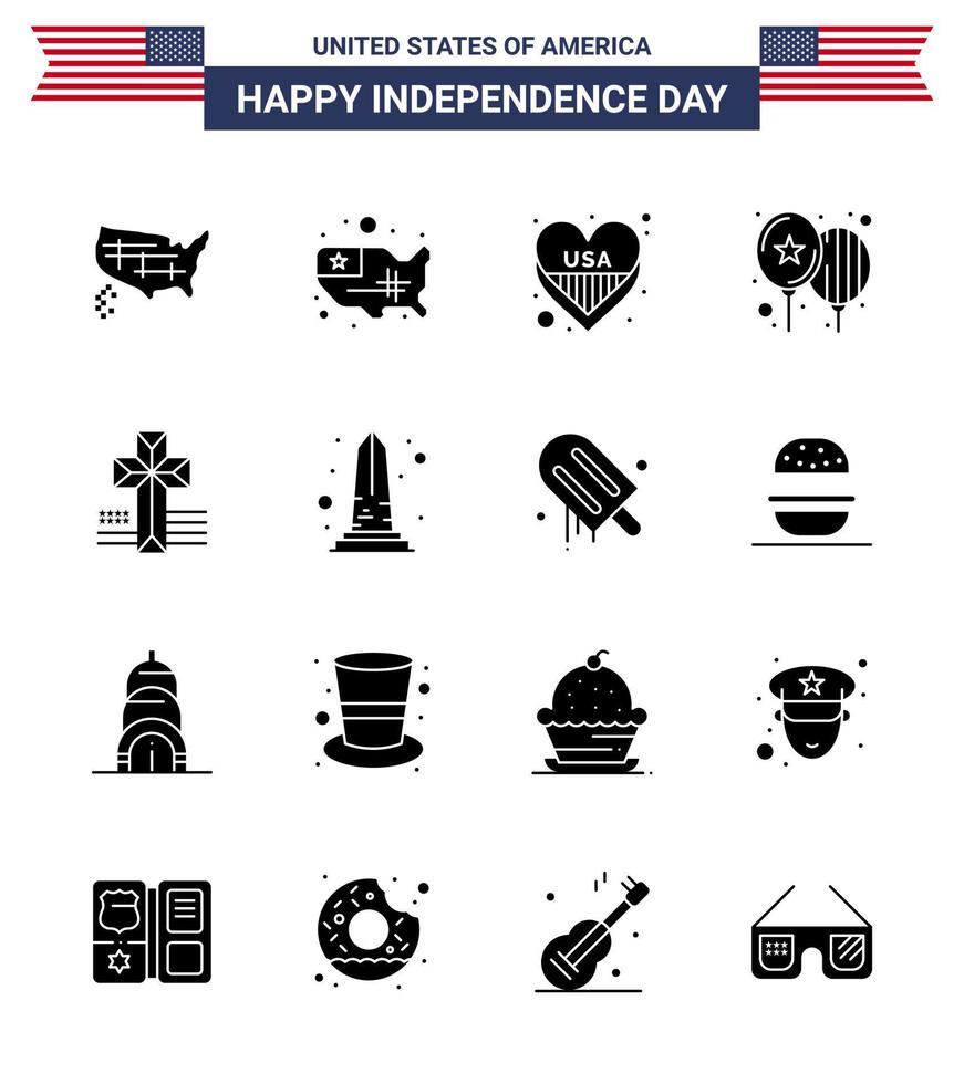 Pack of 16 creative USA Independence Day related Solid Glyphs of sight landmark balloons church american Editable USA Day Vector Design Elements