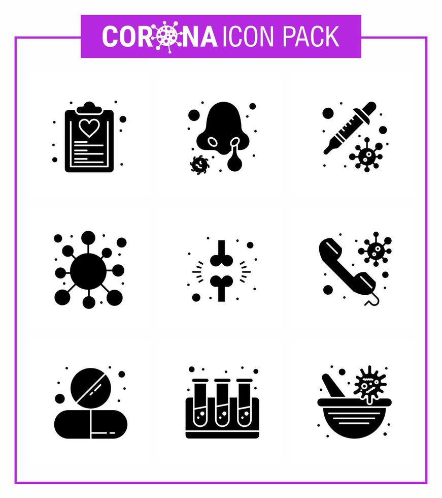 Coronavirus Prevention Set Icons 9 Solid Glyph Black icon such as virus epidemic nose infection disease virus viral coronavirus 2019nov disease Vector Design Elements