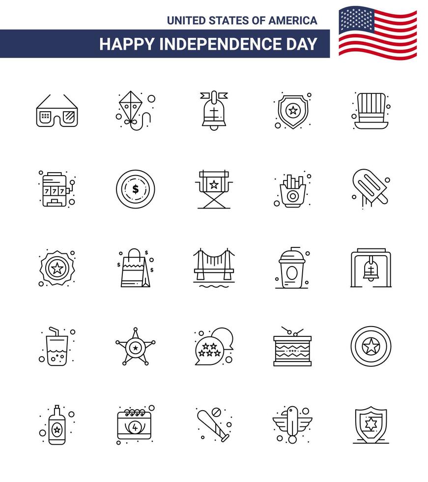 feliz paquete del día de la independencia de 25 líneas de signos y símbolos para el día de los presidentes signo de anillo policía elementos de diseño vectorial del día de estados unidos editables vector