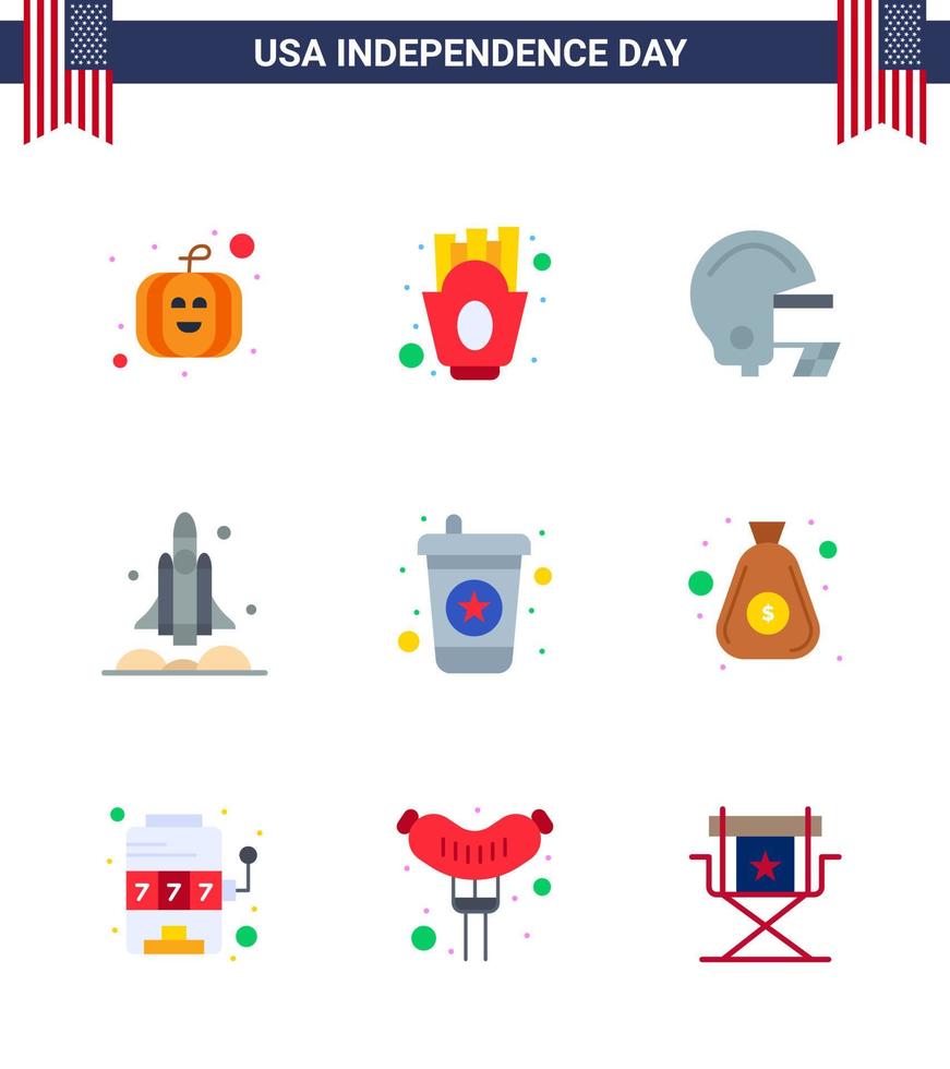 usa feliz día de la independencia pictograma conjunto de 9 pisos simples de soda bebida fútbol usa nave espacial editable usa día elementos de diseño vectorial vector