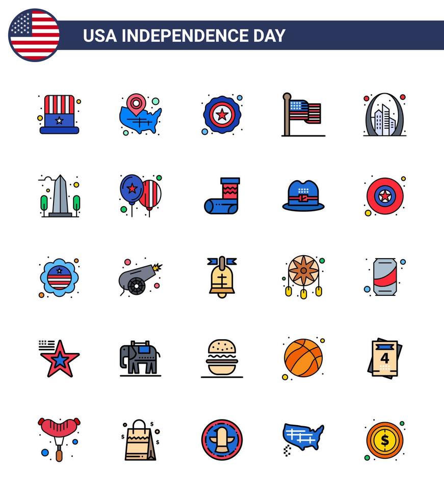 Happy Independence Day Pack of 25 Flat Filled Lines Signs and Symbols for building usa location pin thanksgiving american Editable USA Day Vector Design Elements