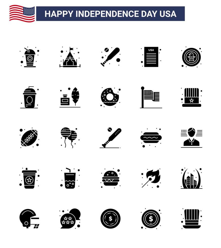 Happy Independence Day 25 Solid Glyph Icon Pack for Web and Print badge celebration bat bird democratic Editable USA Day Vector Design Elements