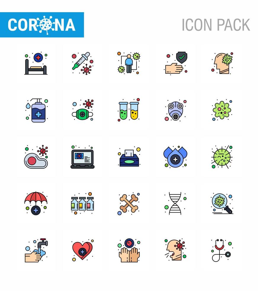 25 Flat Color Filled Line Coronavirus Covid19 Icon pack such as cold protection coronavirus hand viral viral coronavirus 2019nov disease Vector Design Elements
