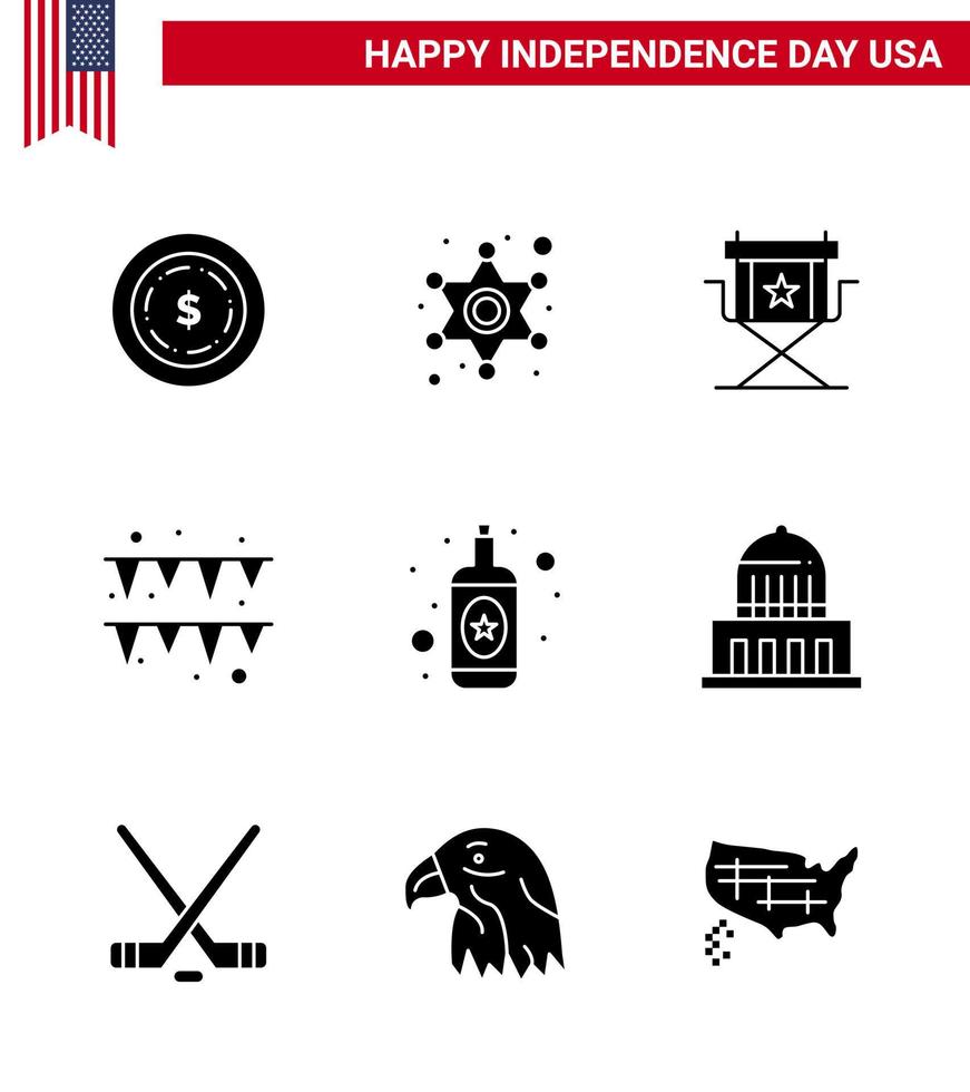 Modern Set of 9 Solid Glyphs and symbols on USA Independence Day such as wine alcohol director paper festival Editable USA Day Vector Design Elements