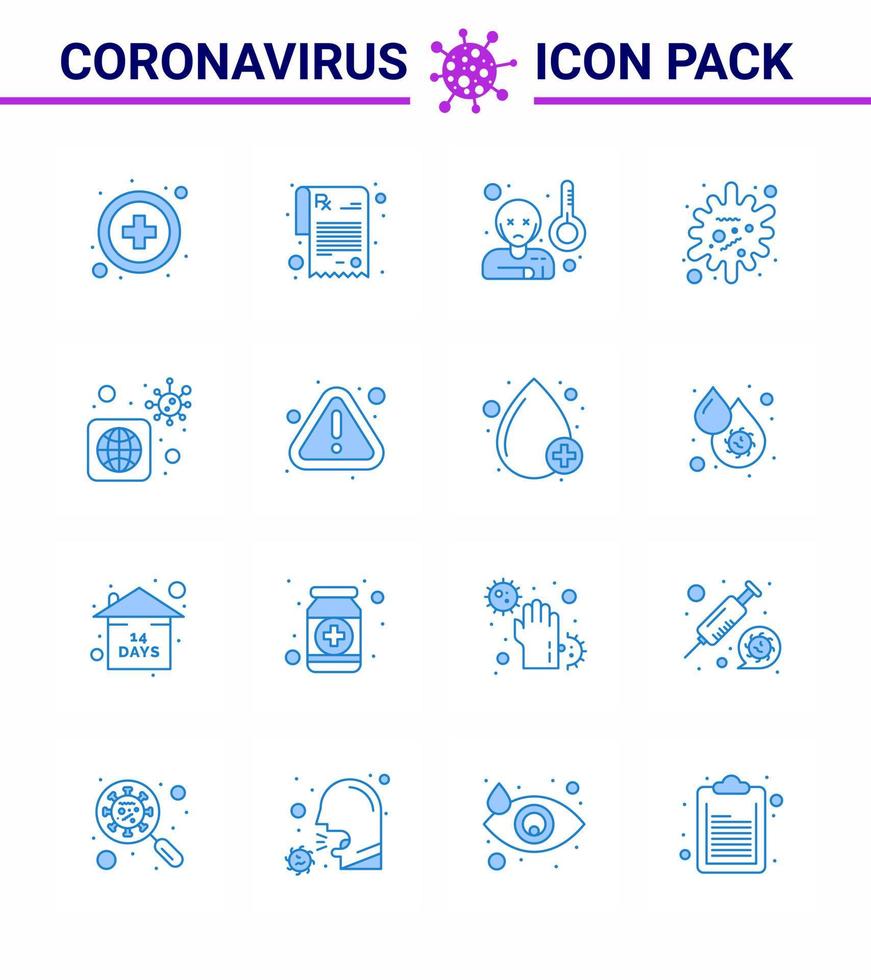 16 Blue Coronavirus Covid19 Icon pack such as infected bacteria sick worldwide epidemic viral coronavirus 2019nov disease Vector Design Elements