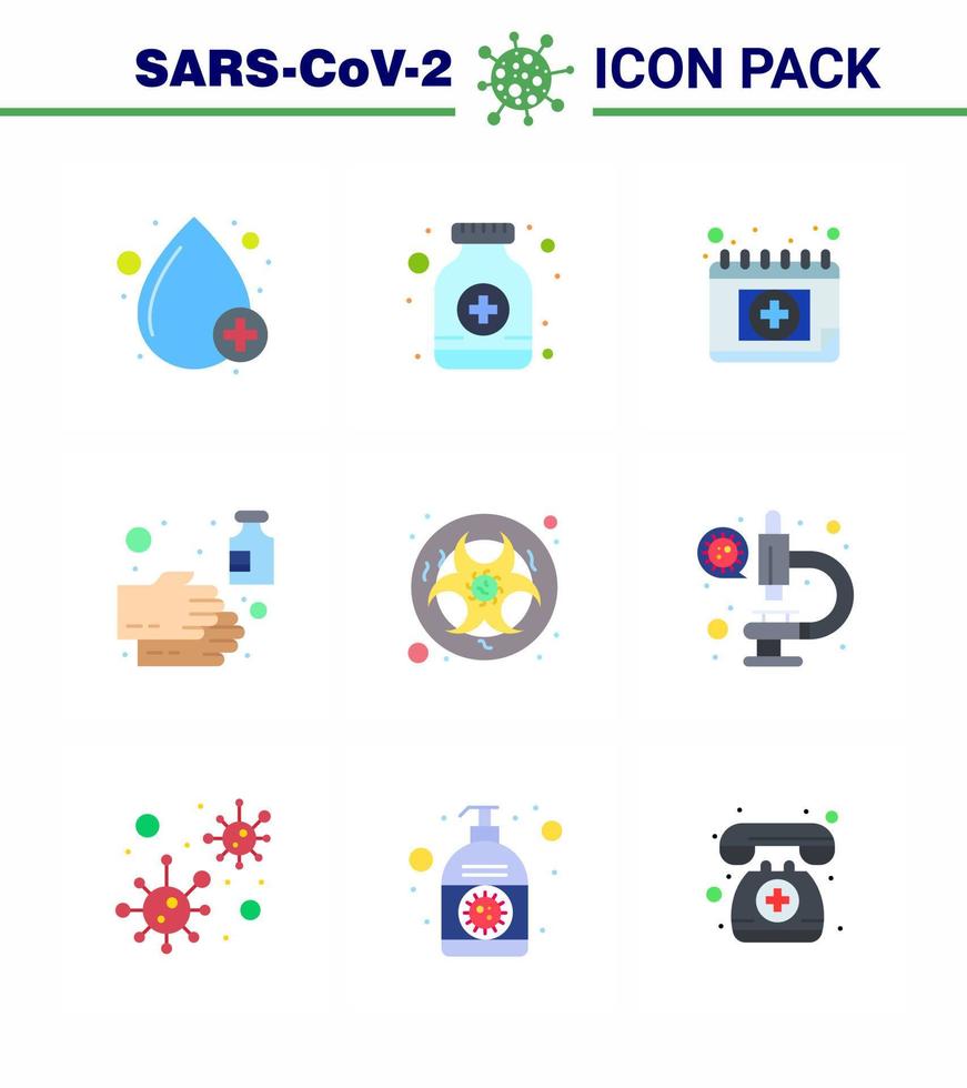 CORONAVIRUS 9 Flat Color Icon set on the theme of Corona epidemic contains icons such as bio wash appointment soap cleaning viral coronavirus 2019nov disease Vector Design Elements