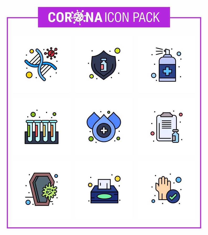 Corona virus 2019 and 2020 epidemic 9 Filled Line Flat Color icon pack such as test blood virus soap hand viral coronavirus 2019nov disease Vector Design Elements