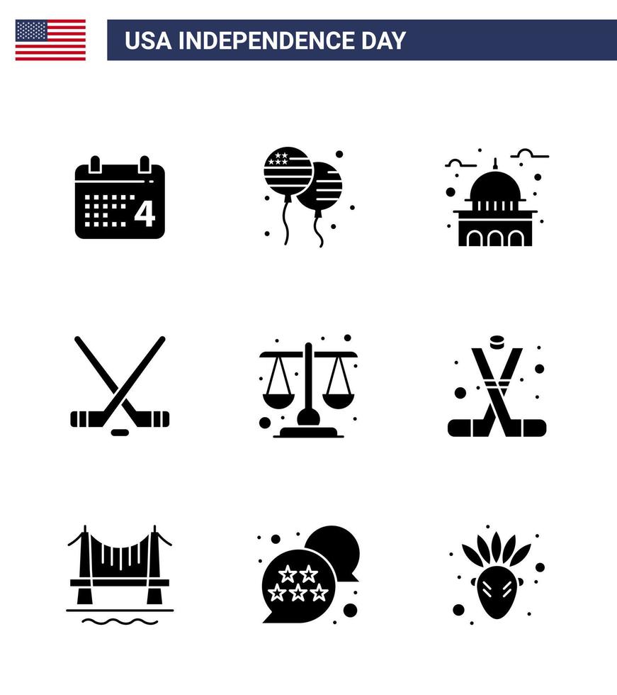 Happy Independence Day USA Pack of 9 Creative Solid Glyphs of court sport building ice sport white Editable USA Day Vector Design Elements
