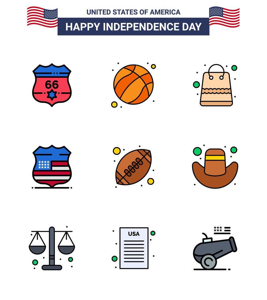 conjunto moderno de 9 líneas y símbolos rellenos planos en el día de la independencia de estados unidos, como la bolsa de seguridad de rugby, escudo de estados unidos, elementos de diseño vectorial editables del día de estados unidos vector