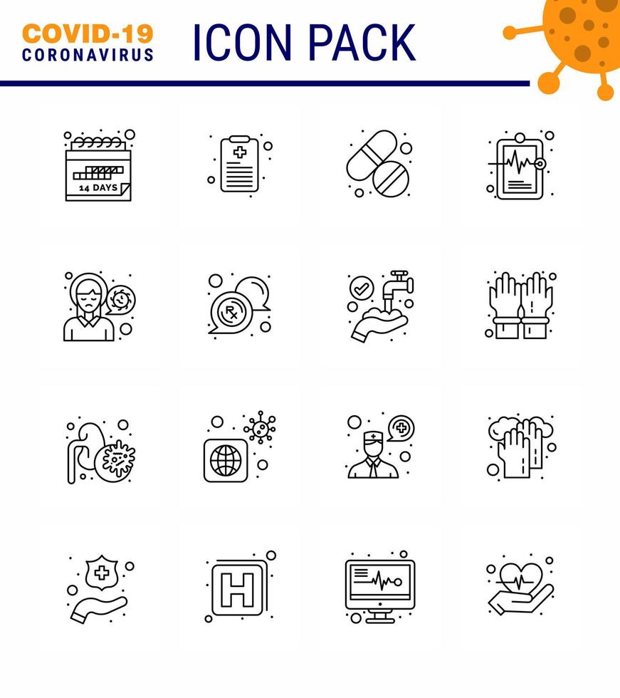 16 Line Set of corona virus epidemic icons such as pain head pill medical record hospital chart viral coronavirus 2019nov disease Vector Design Elements