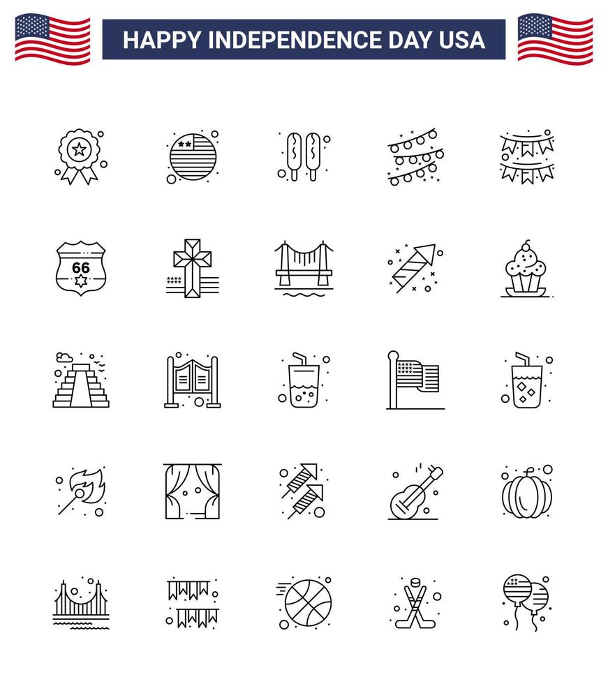 USA Happy Independence DayPictogram Set of 25 Simple Lines of garland decoration hot dog buntings party bulb Editable USA Day Vector Design Elements