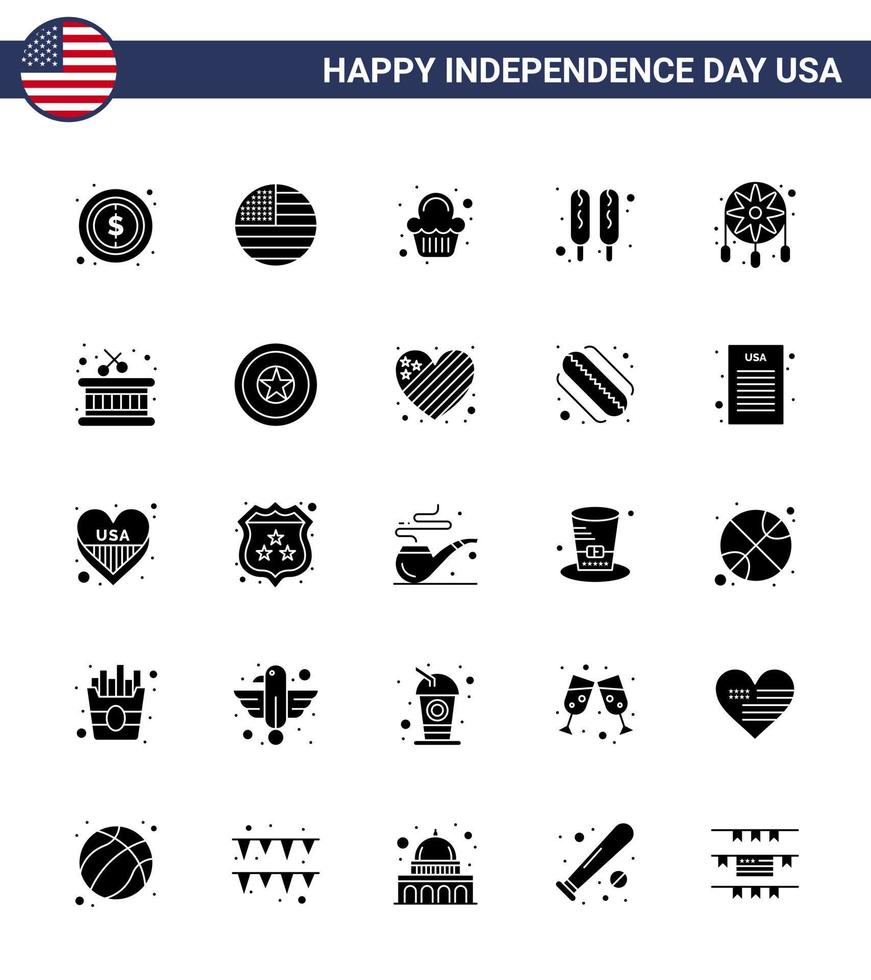 4th July USA Happy Independence Day Icon Symbols Group of 25 Modern Solid Glyph of dream catcher adornment cake food corn dog Editable USA Day Vector Design Elements