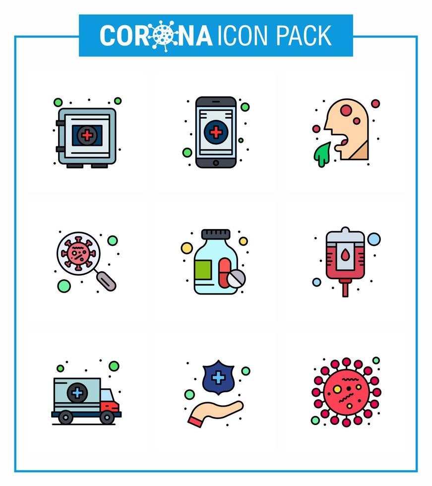 9 Filled Line Flat Color viral Virus corona icon pack such as magnifying glass vomit devirus people viral coronavirus 2019nov disease Vector Design Elements