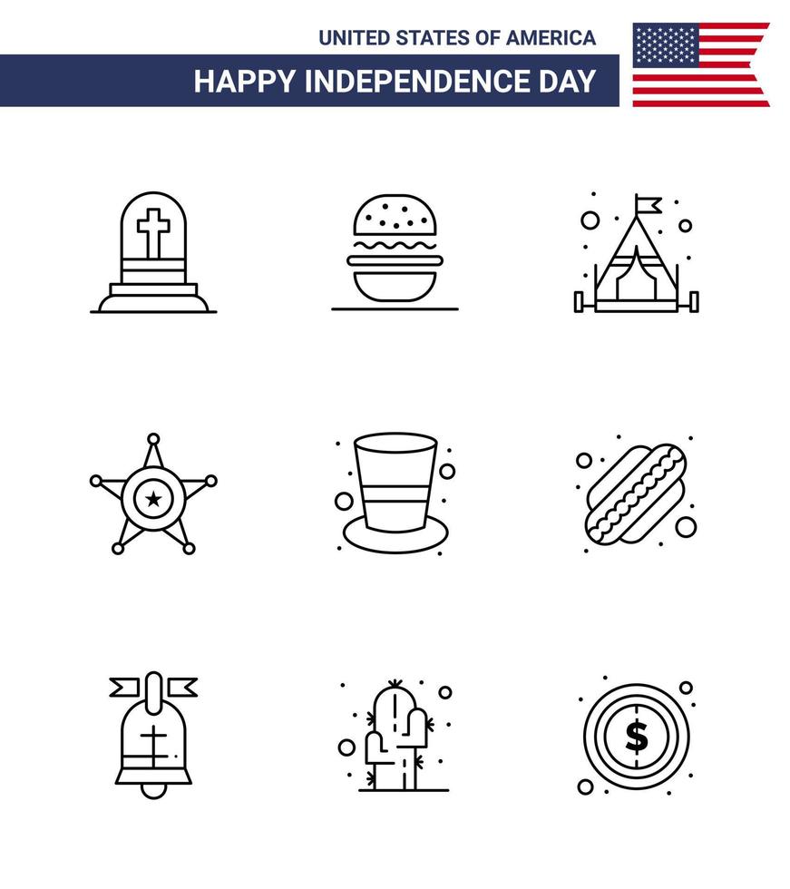 Set of 9 Vector Lines on 4th July USA Independence Day such as hat american camp usa police Editable USA Day Vector Design Elements
