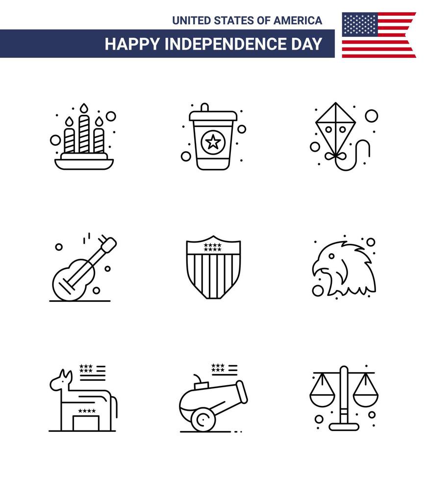 Happy Independence Day Pack of 9 Lines Signs and Symbols for animal seurity flying shield american Editable USA Day Vector Design Elements