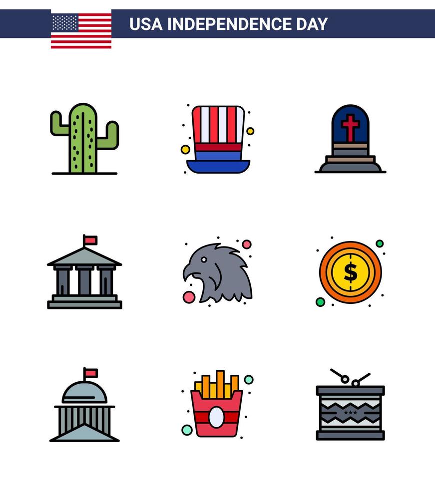 Group of 9 Flat Filled Lines Set for Independence day of United States of America such as bird usa death american bank Editable USA Day Vector Design Elements