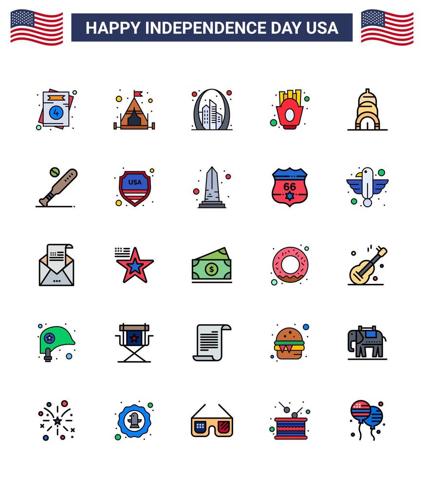 Pack of 25 USA Independence Day Celebration Flat Filled Lines Signs and 4th July Symbols such as building food building fries chips Editable USA Day Vector Design Elements