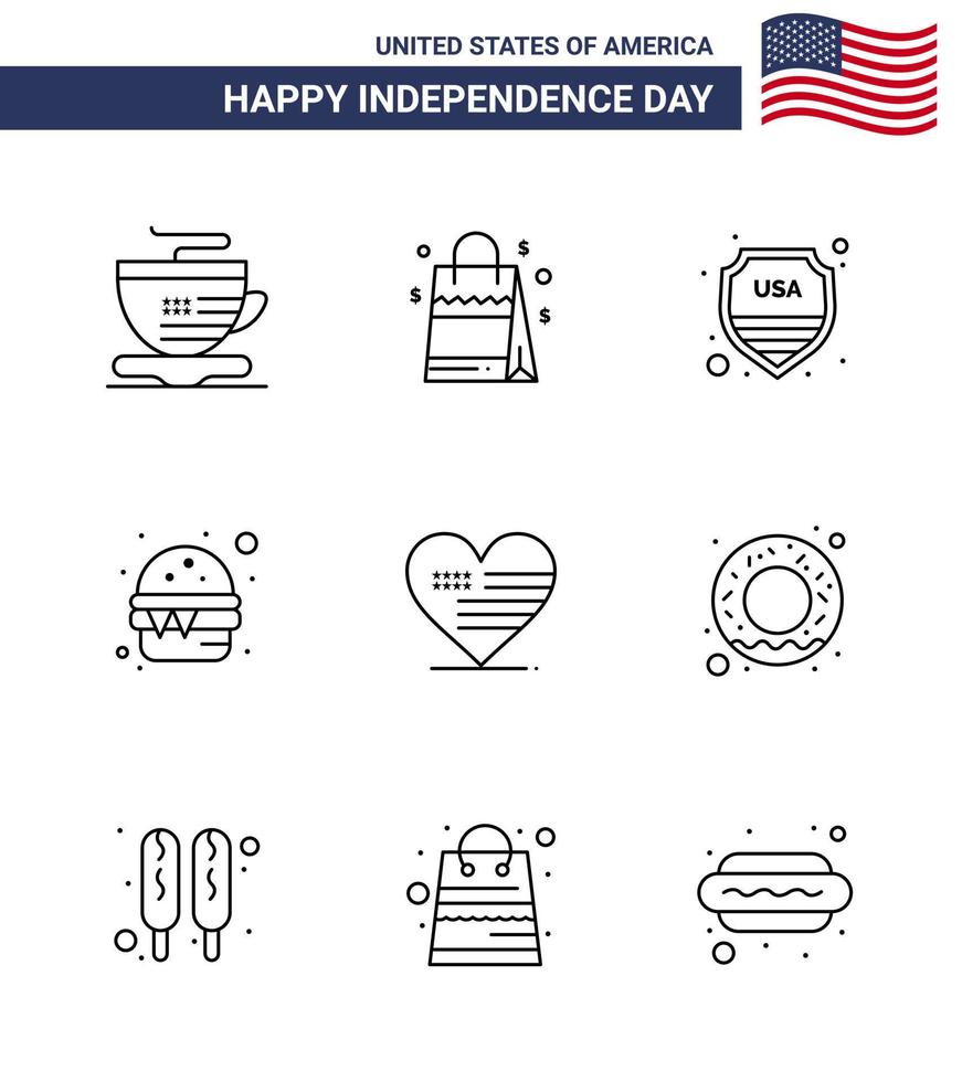 Set of 9 Vector Lines on 4th July USA Independence Day such as american heart shield meal fast Editable USA Day Vector Design Elements