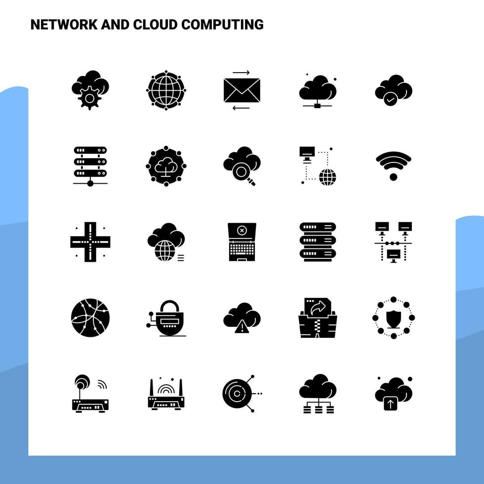 25 conjunto de iconos de red y computación en la nube plantilla de ilustración de vector de icono de glifo sólido para ideas web y móviles para empresa comercial