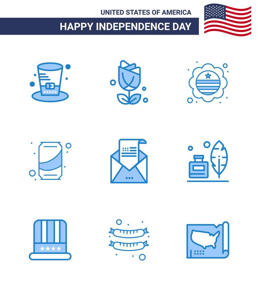 4th July USA Happy Independence Day Icon Symbols Group of 9 Modern Blues of envelope cola country soda beer Editable USA Day Vector Design Elements