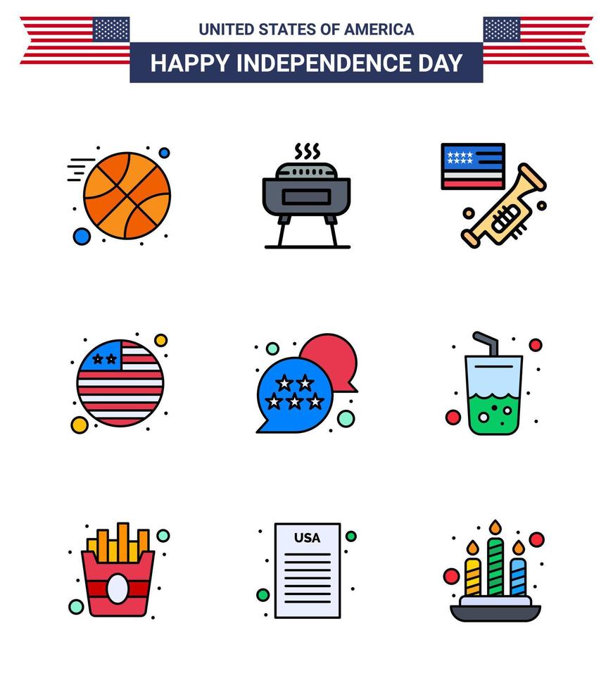 Pack of 9 creative USA Independence Day related Flat Filled Lines of chat bubble usa speaker flag flag Editable USA Day Vector Design Elements