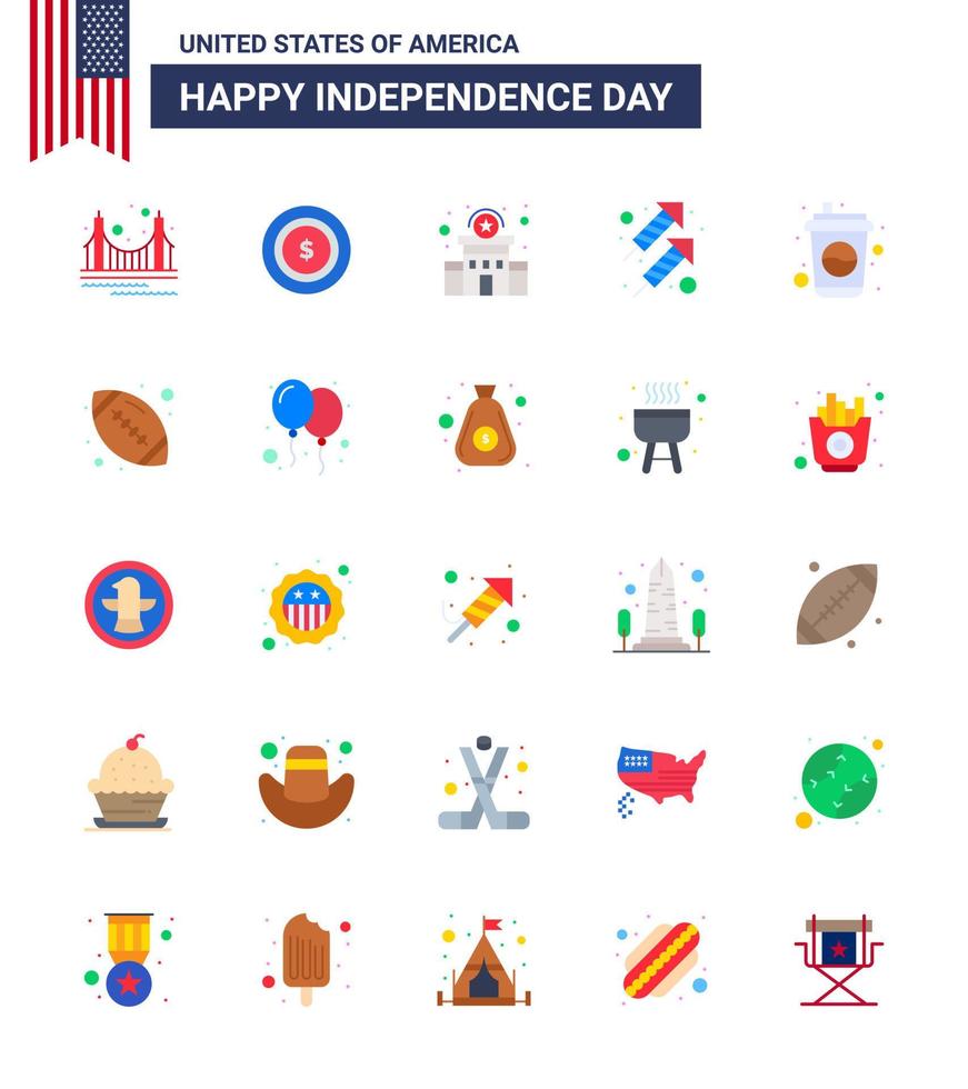 Group of 25 Flats Set for Independence day of United States of America such as cola shoot building firework celebration Editable USA Day Vector Design Elements