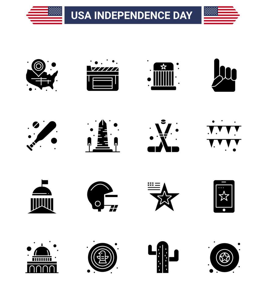 4th July USA Happy Independence Day Icon Symbols Group of 16 Modern Solid Glyphs of bat american circus usa foam hand Editable USA Day Vector Design Elements