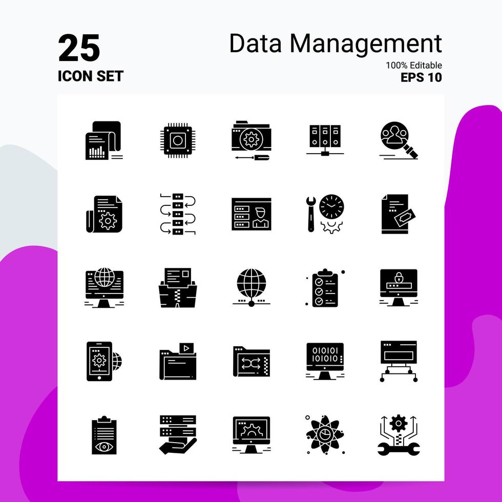25 conjunto de iconos de gestión de datos 100 archivos editables eps 10 ideas de concepto de logotipo de empresa diseño de icono de glifo sólido vector