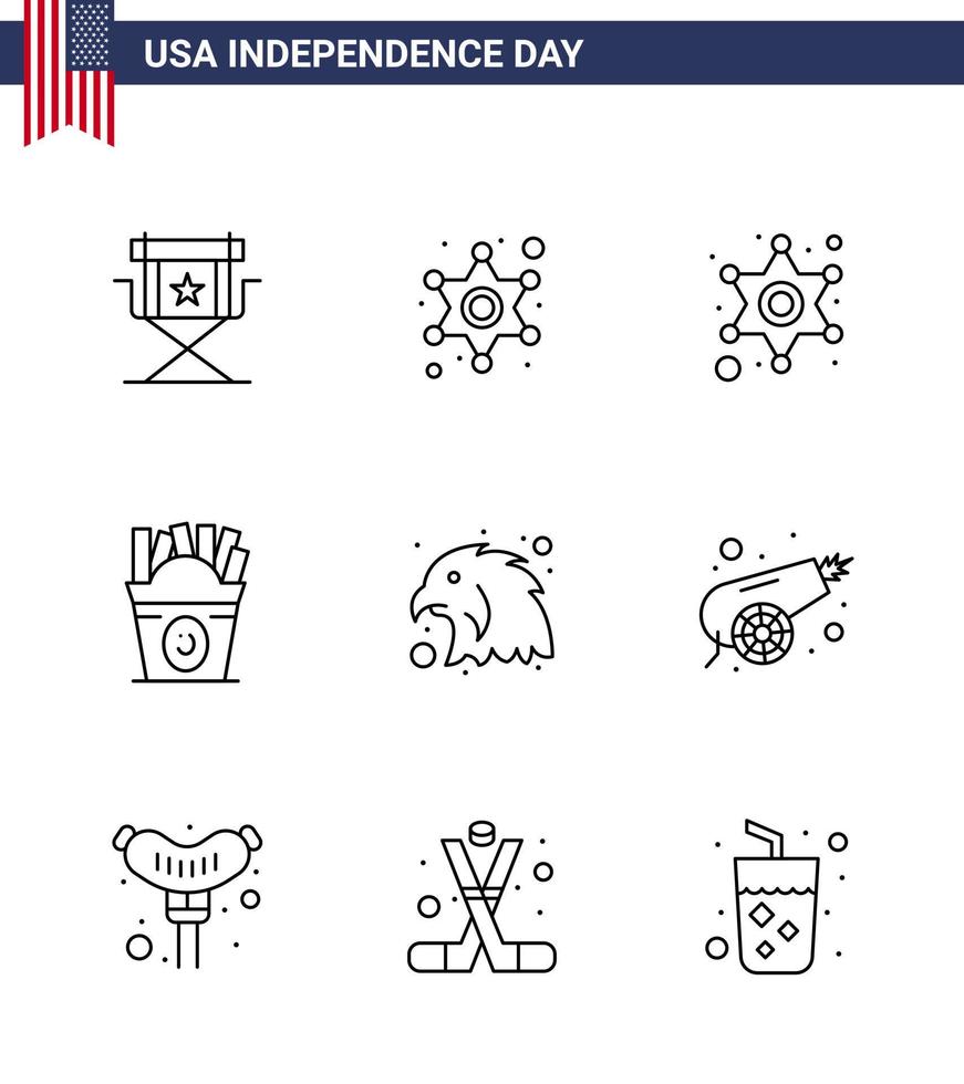 9 Line Signs for USA Independence Day canon eagle police sign bird usa Editable USA Day Vector Design Elements