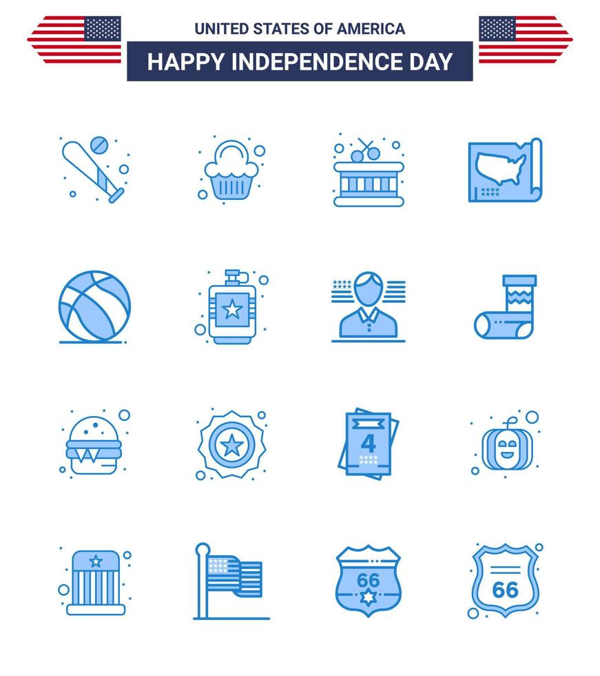 día de la independencia de estados unidos conjunto azul de 16 pictogramas de estados unidos de bola celebración de estados unidos mapa unido elementos de diseño de vector de día de estados unidos editables