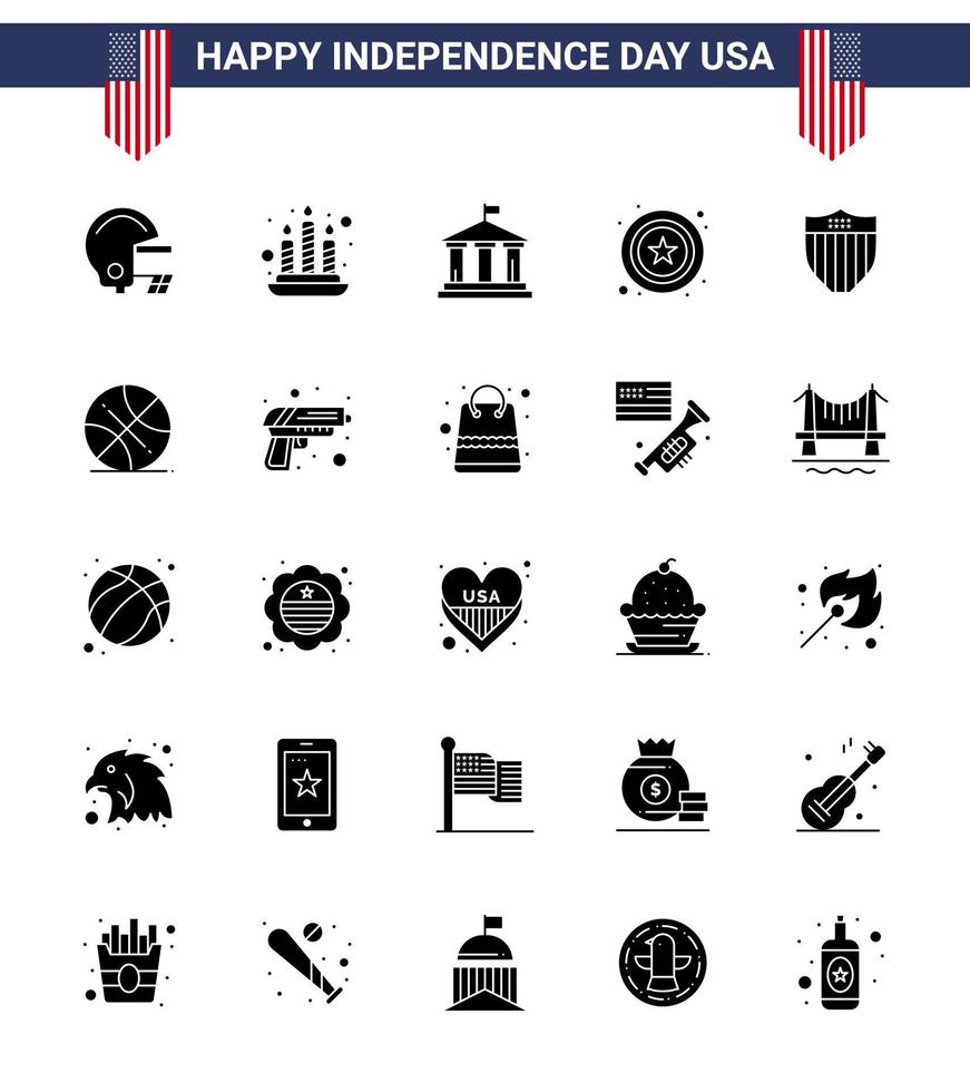 Happy Independence Day USA Pack of 25 Creative Solid Glyph of backetball seurity american shield sign Editable USA Day Vector Design Elements