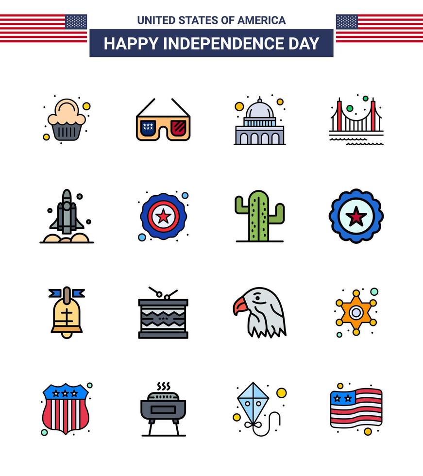 USA Happy Independence DayPictogram Set of 16 Simple Flat Filled Lines of launcher landmark capitol golden bridge Editable USA Day Vector Design Elements