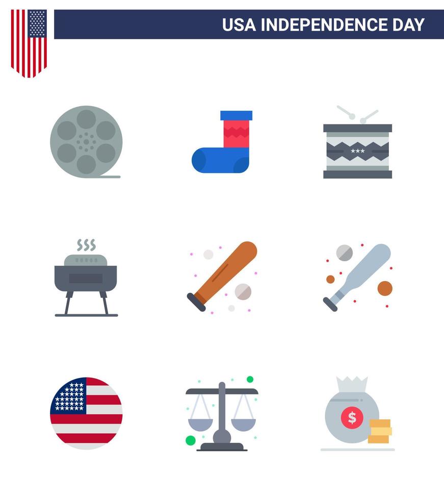 Big Pack of 9 USA Happy Independence Day USA Vector Flats and Editable Symbols of ball festivity drum celebration st Editable USA Day Vector Design Elements