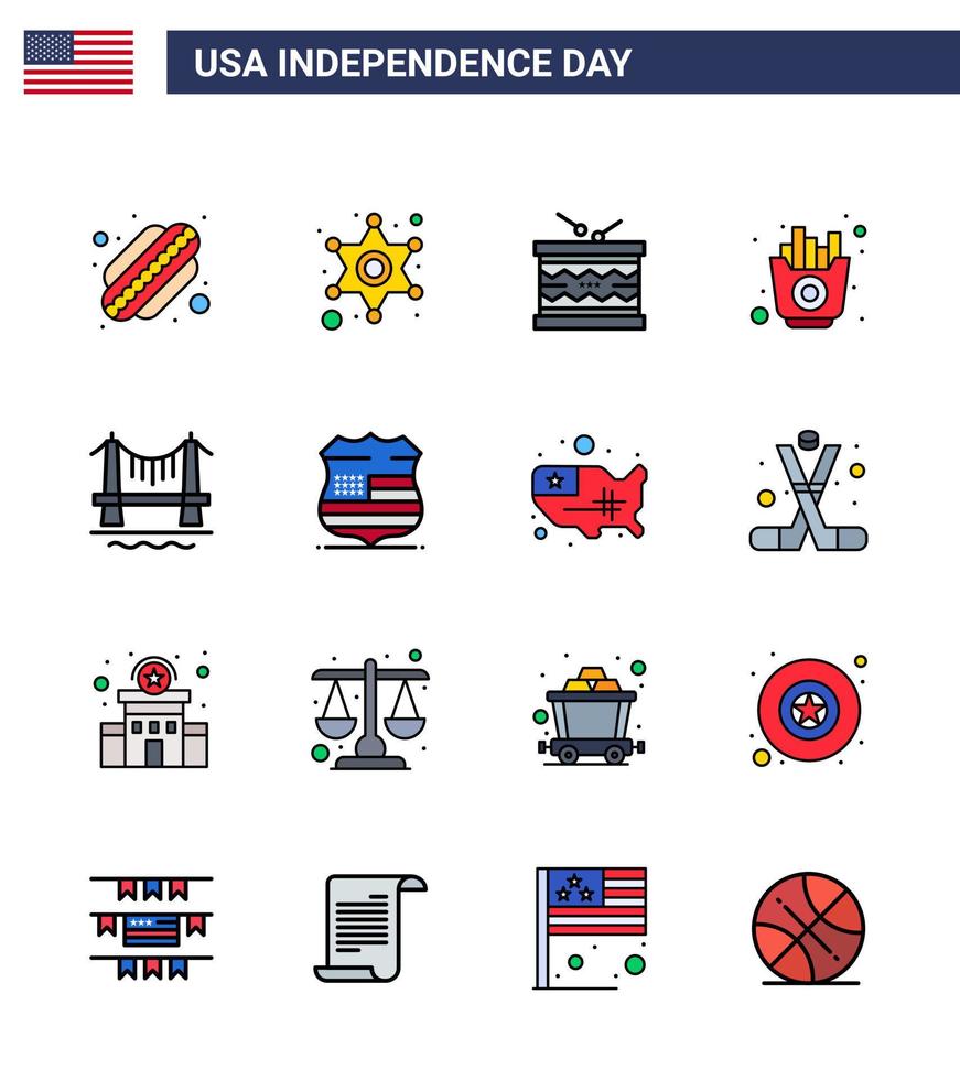 4 de julio estados unidos feliz día de la independencia icono símbolos grupo de 16 líneas planas modernas llenas de chips de construcción instrumento papas fritas elementos de diseño de vector de día de estados unidos editables rápido