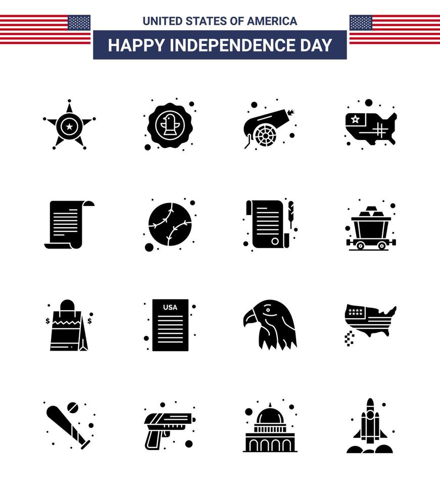 Solid Glyph Pack of 16 USA Independence Day Symbols of file united badge states weapon Editable USA Day Vector Design Elements