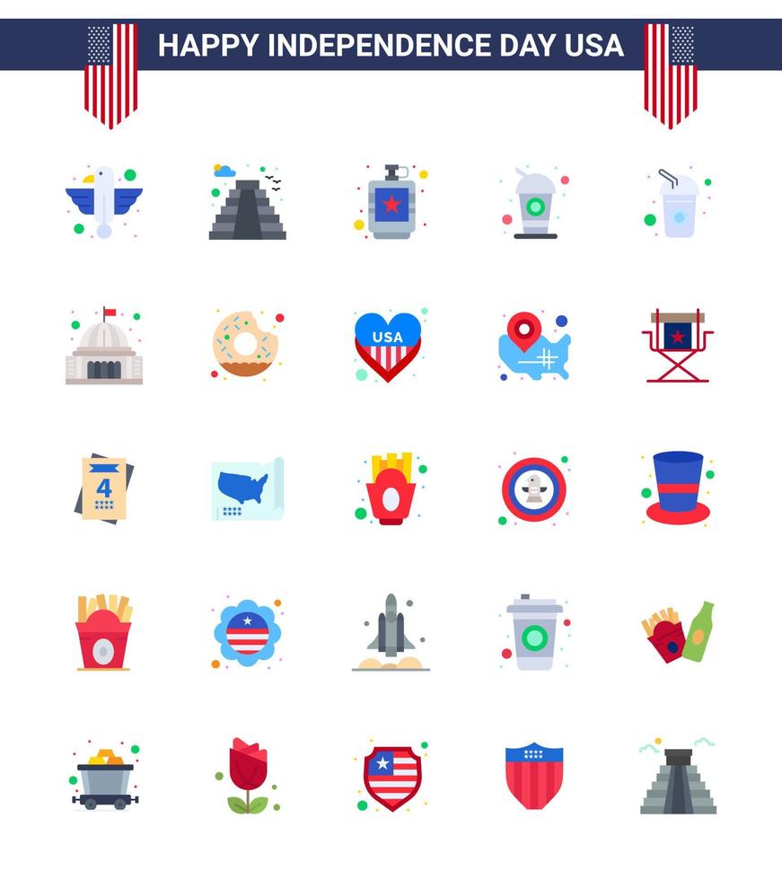 USA Independence Day Flat Set of 25 USA Pictograms of soda cola usa bottle hip Editable USA Day Vector Design Elements