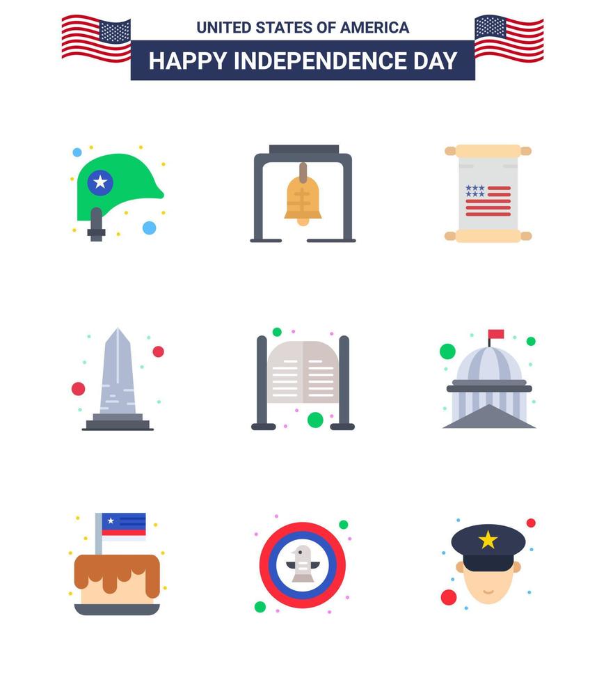Happy Independence Day 9 Flats Icon Pack for Web and Print bar usa scroll sight landmark Editable USA Day Vector Design Elements