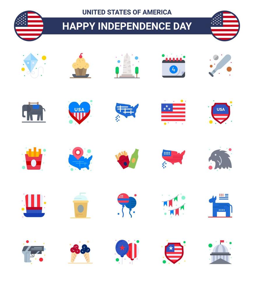 Big Pack of 25 USA Happy Independence Day USA Vector Flats and Editable Symbols of baseball date landmark calendar washington Editable USA Day Vector Design Elements