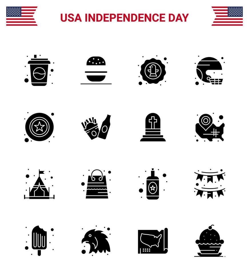 16 USA Solid Glyph Pack of Independence Day Signs and Symbols of state helmet american football badge Editable USA Day Vector Design Elements